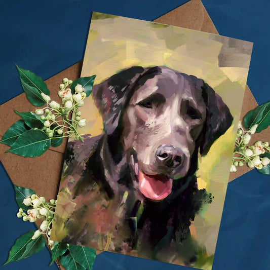 Front of greetings card with a handmade illustration of a Black Labrador Retriever panting in the sunshine.