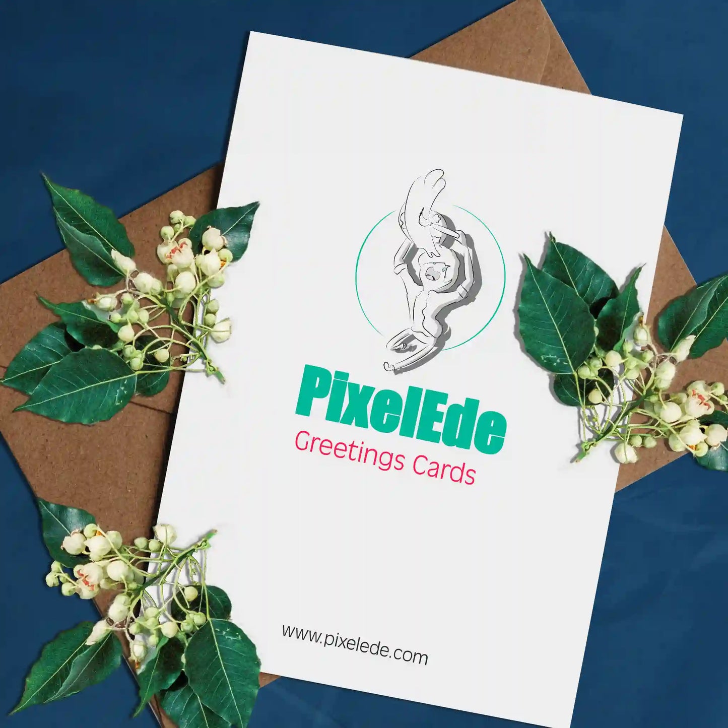 Eco-friendly greeting card back with PixelEde logo and website, printed on white sustainable card stock.
