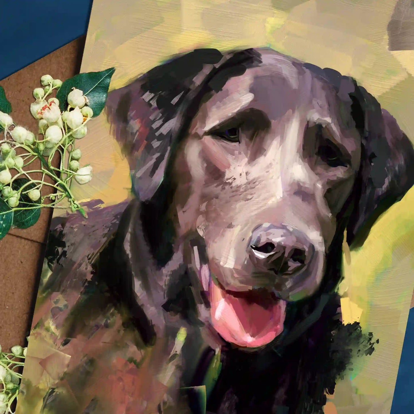 Close up, revealing the beautiful brushstrokes of the handmade illustration of a Black Labrador Retriever in the sunshine.