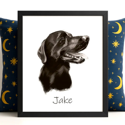 Framed pencil-style pet portrait of a black Labrador, displayed against a dreamy white backdrop with a celestial 90s-style pillow.