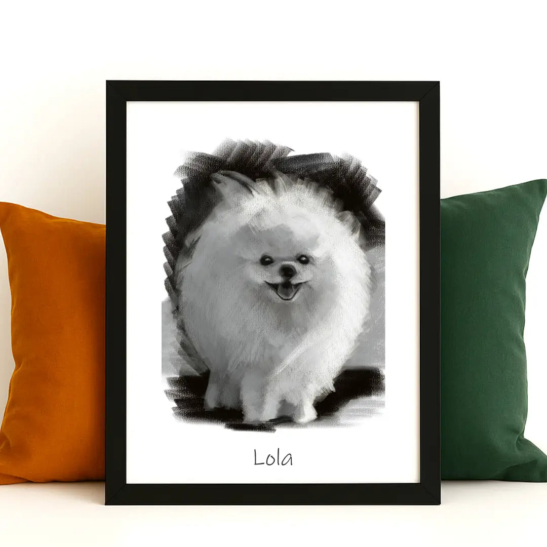 Framed pencil-style pet portrait of a Pomeranian, displayed in a black frame, propped up against a mustard yellow cushion and earthy green cushion