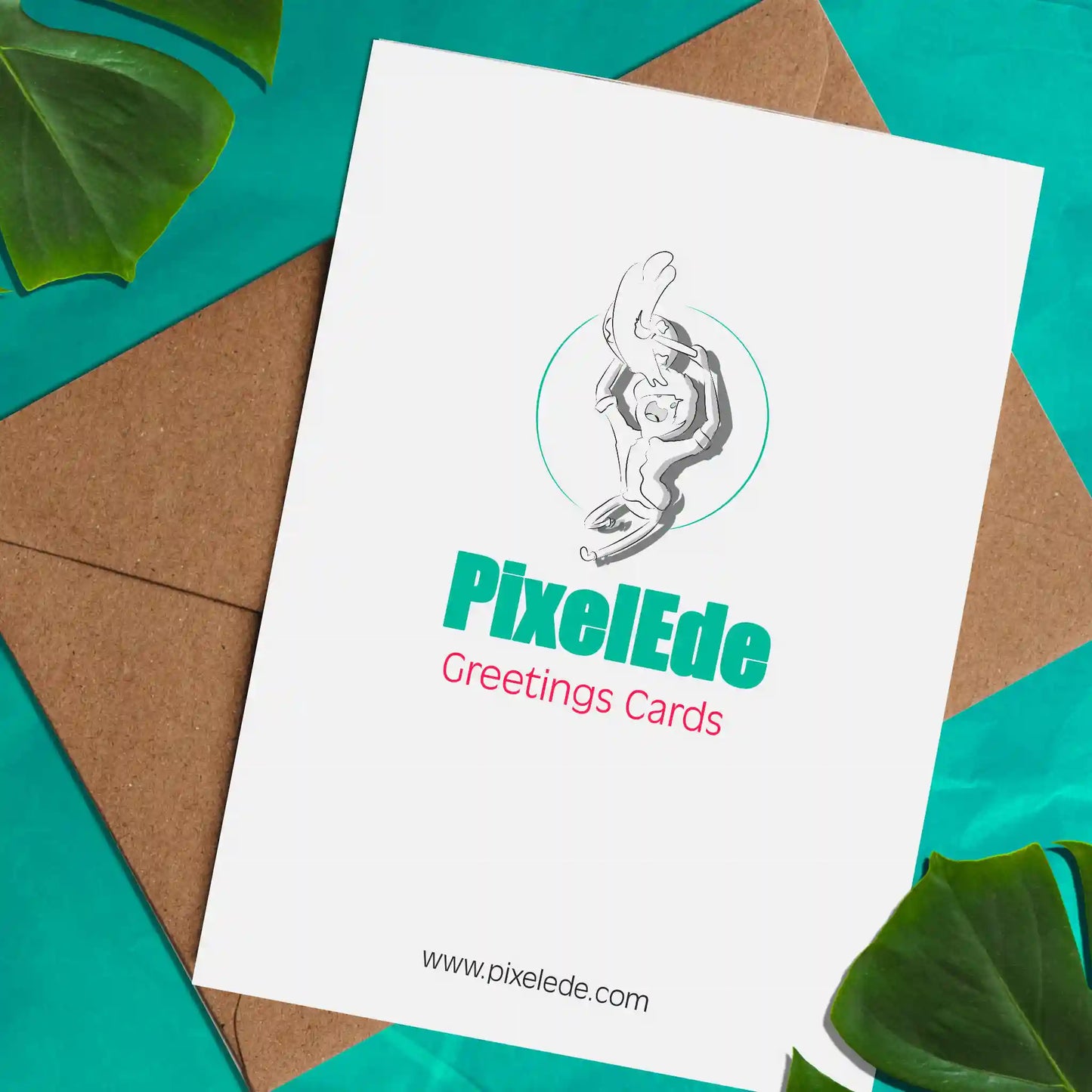 The back of a greeting card featuring the PixelEde logo and website www.pixelede.com on a white background.