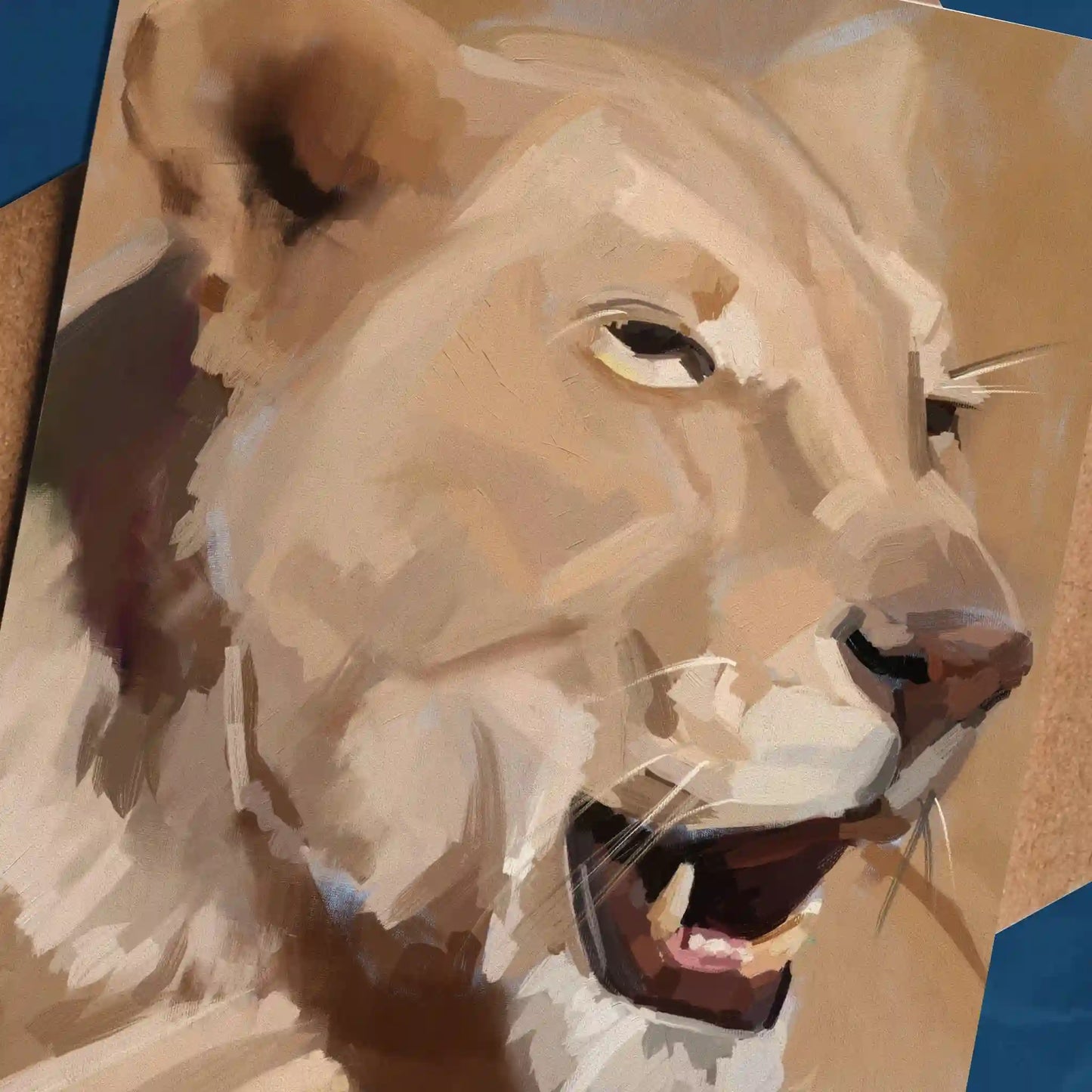Handmade eco-friendly greeting card featuring a majestic lioness illustration. Closeup with detailed look at the brushstrokes and painterly style.