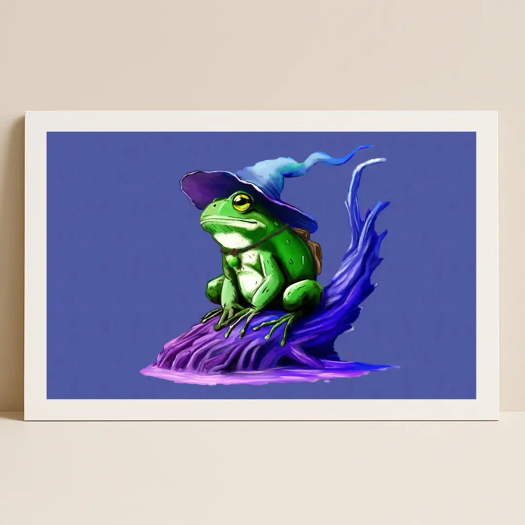 Handmade Wizarding Frog Fantasy artwork set against a clean white background — quirky, eco-friendly art print showcasing a frog wizard in a magical swamp scene.