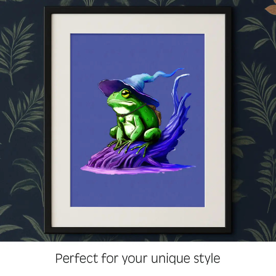 Quirky Wizarding Frog Fantasy Print, framed and hung on a bold 70s jungle-themed wallpaper backdrop — caption reads ‘Perfect for your unique style,’ celebrating playful, eclectic decor.