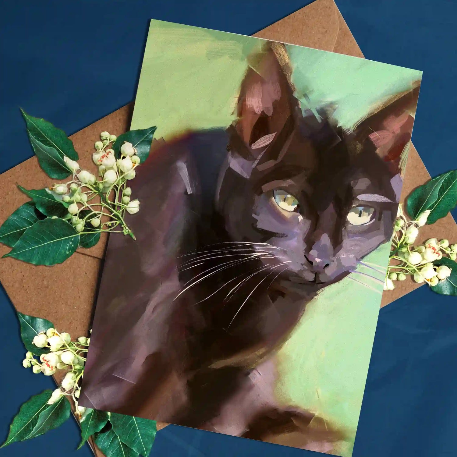 Handmade eco-friendly greeting card featuring a grumpy black cat illustration, printed on sustainable paper with a blank inside.