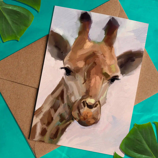 Handmade illustration of a cute and inquisitive giraffe on an eco-friendly greeting card.