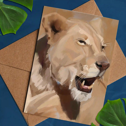 Handmade eco-friendly greeting card featuring a majestic lioness illustration.