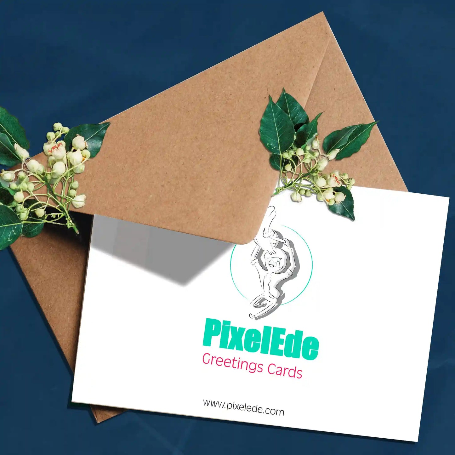 Back of eco-friendly greeting card showing 'Greetings Card' text, PixelEde logo, and website URL www.pixelede.com on a clean white background.