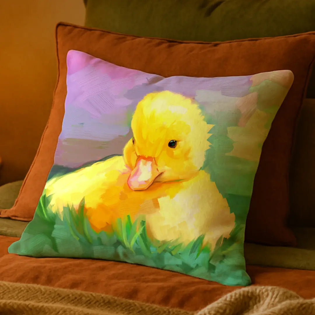 Double-sided duckling pillow displayed on warm-toned boho bedding, blending rich mustard, olive, and orange tones for a cosy, layered look.