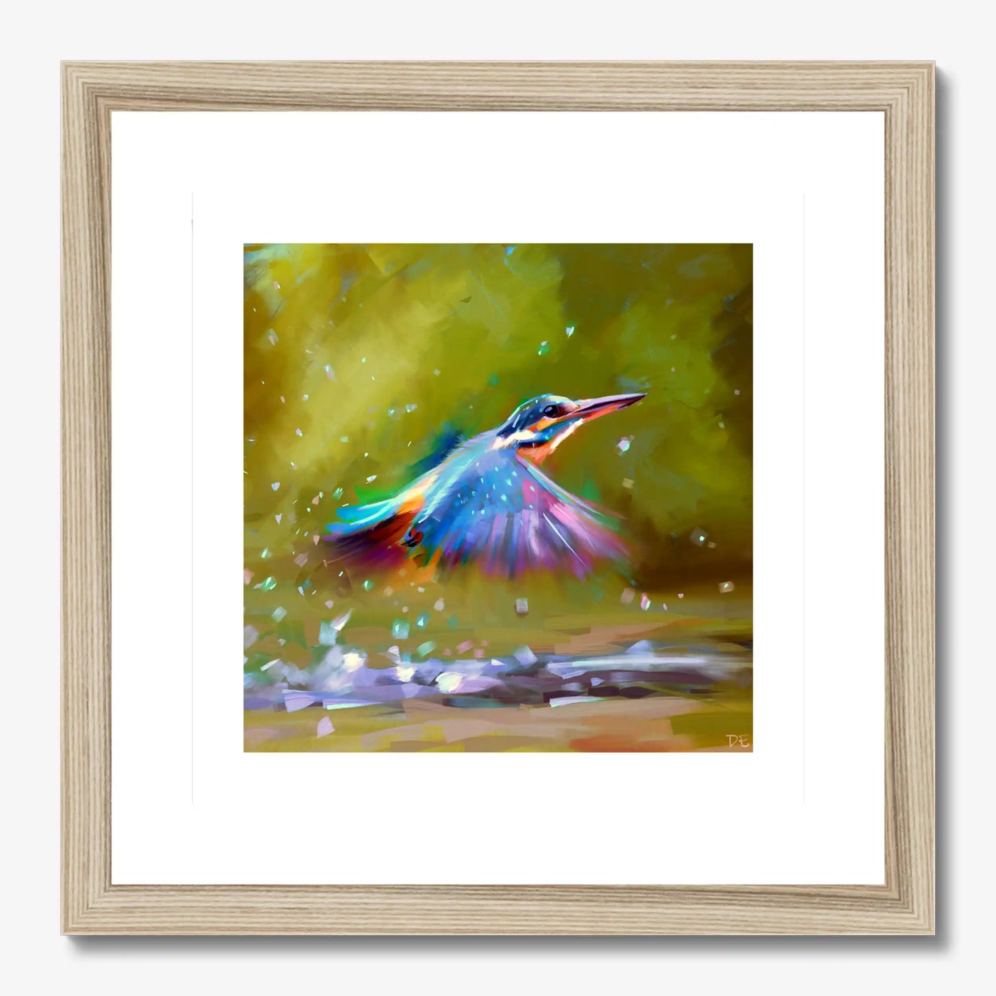 Colourful painting of a kingfisher bird in flight with a dynamic background, in wood frame