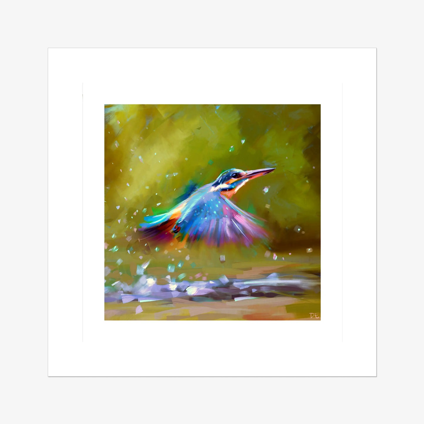 Colourful painting of a kingfisher bird in flight with a dynamic background