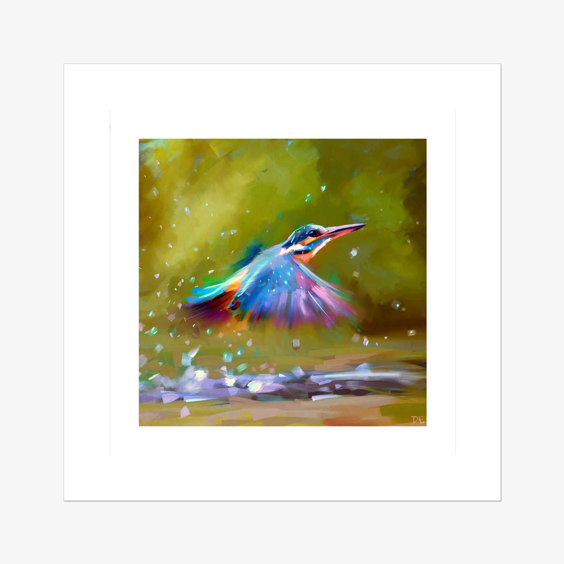 Colourful painting of a kingfisher bird in flight with a dynamic background