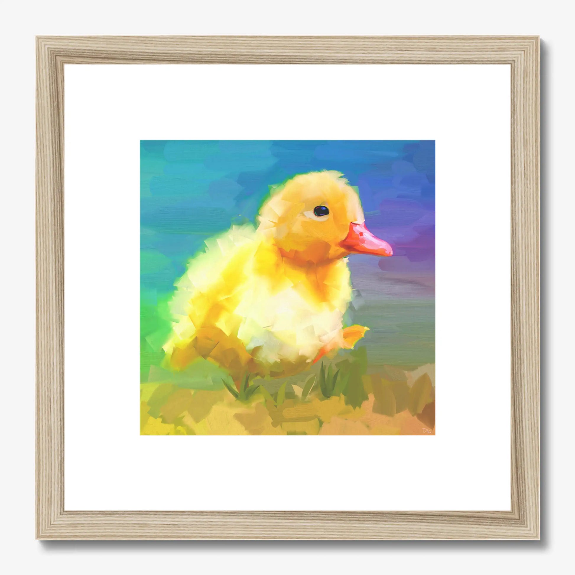 Framed artwork of a yellow duckling on a colorful background