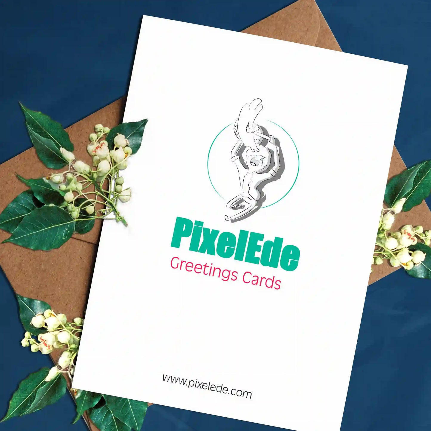 Back of eco-friendly greeting card showing 'Greetings Card' text, PixelEde logo, and website URL www.pixelede.com on a clean white background.