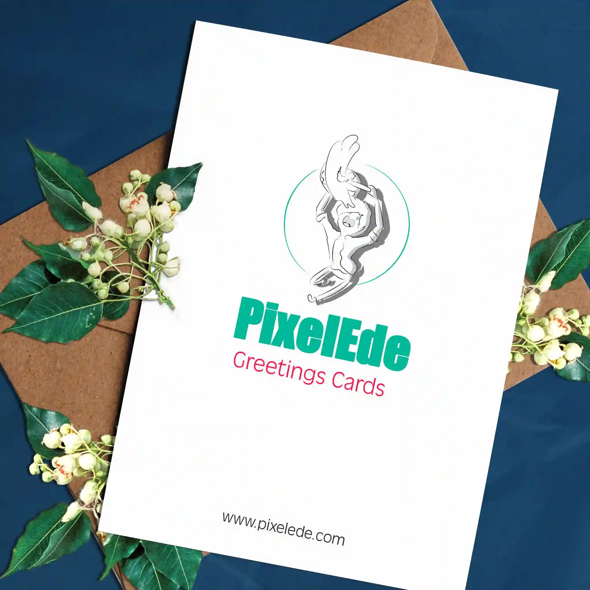 Back of eco-friendly greeting card showing 'Greetings Card' text, PixelEde logo, and website URL www.pixelede.com on a clean white background.