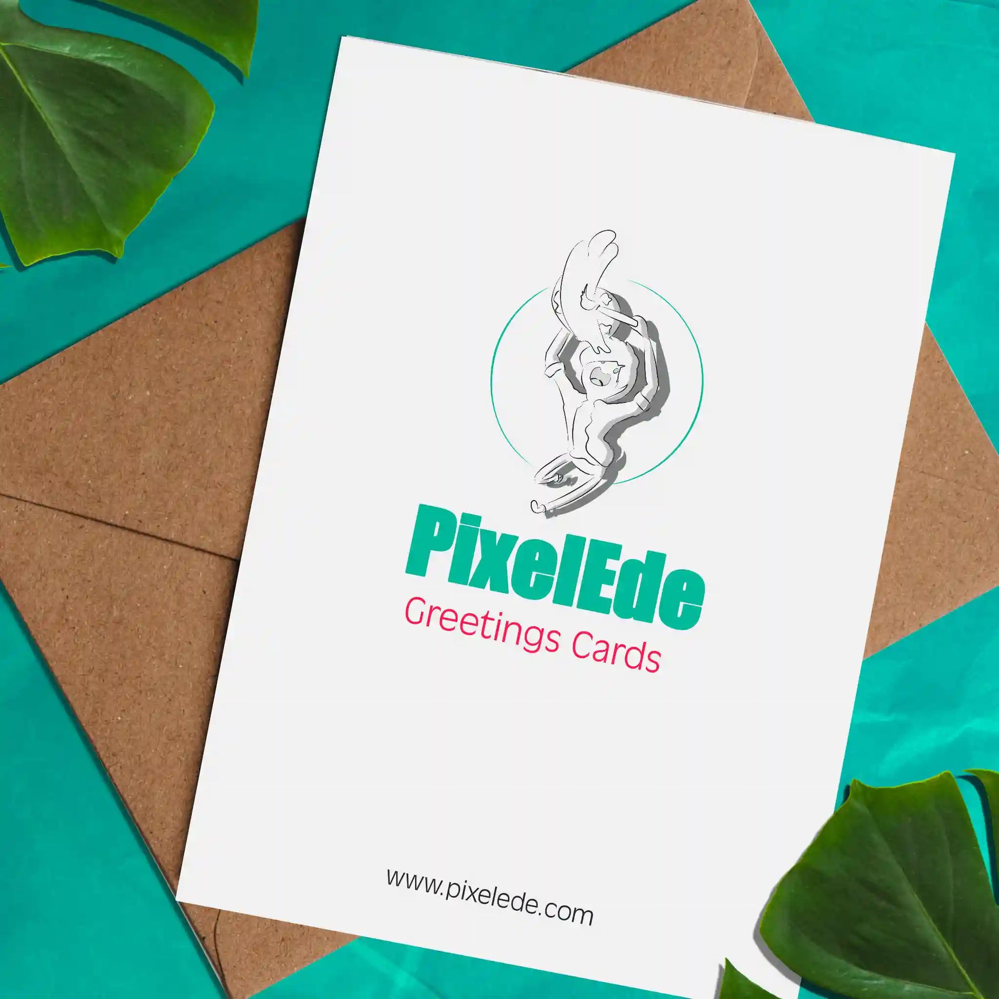 The back of a greeting card featuring the PixelEde logo and website www.pixelede.com on a white background.