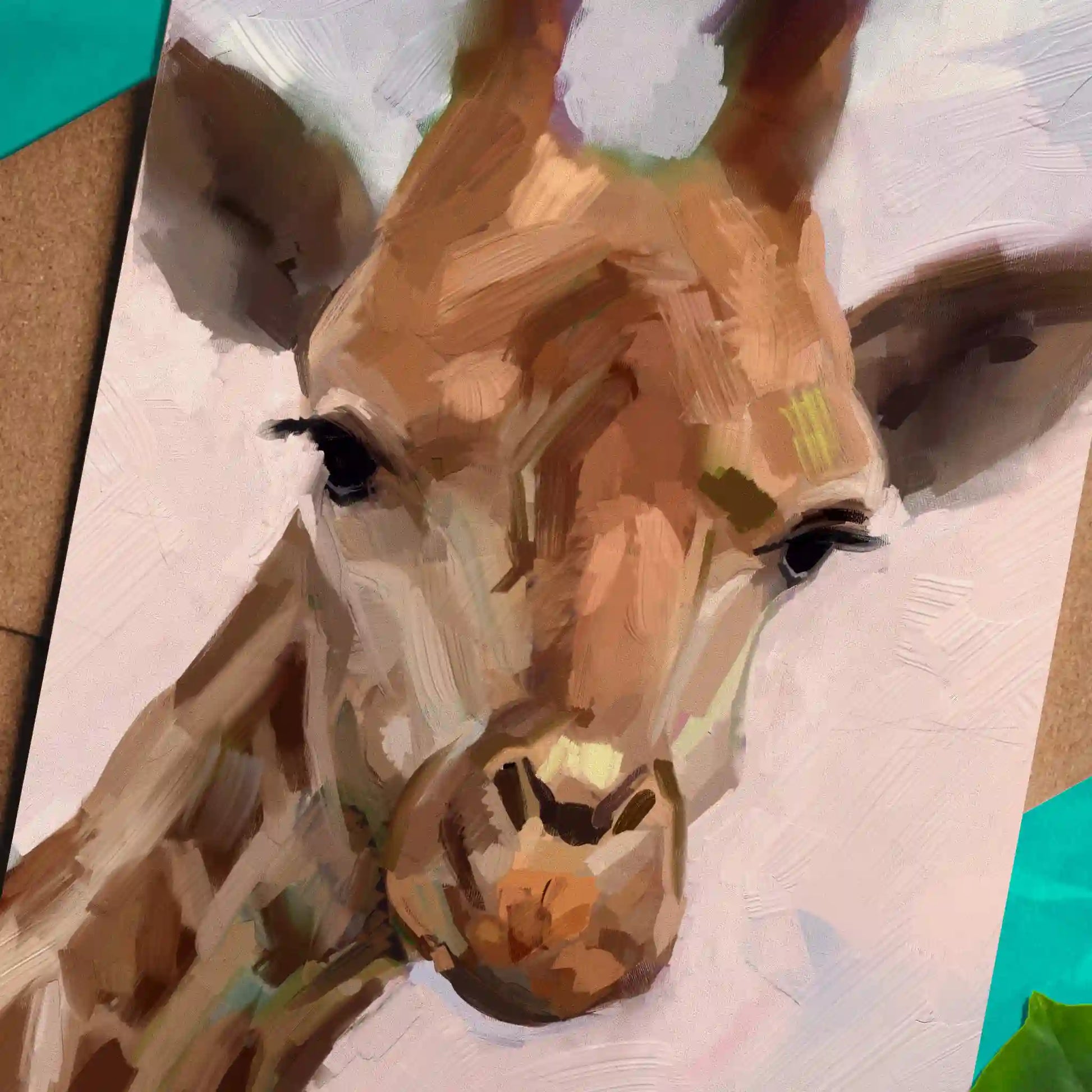 Handmade illustration of a cute and inquisitive giraffe on an eco-friendly greeting card.