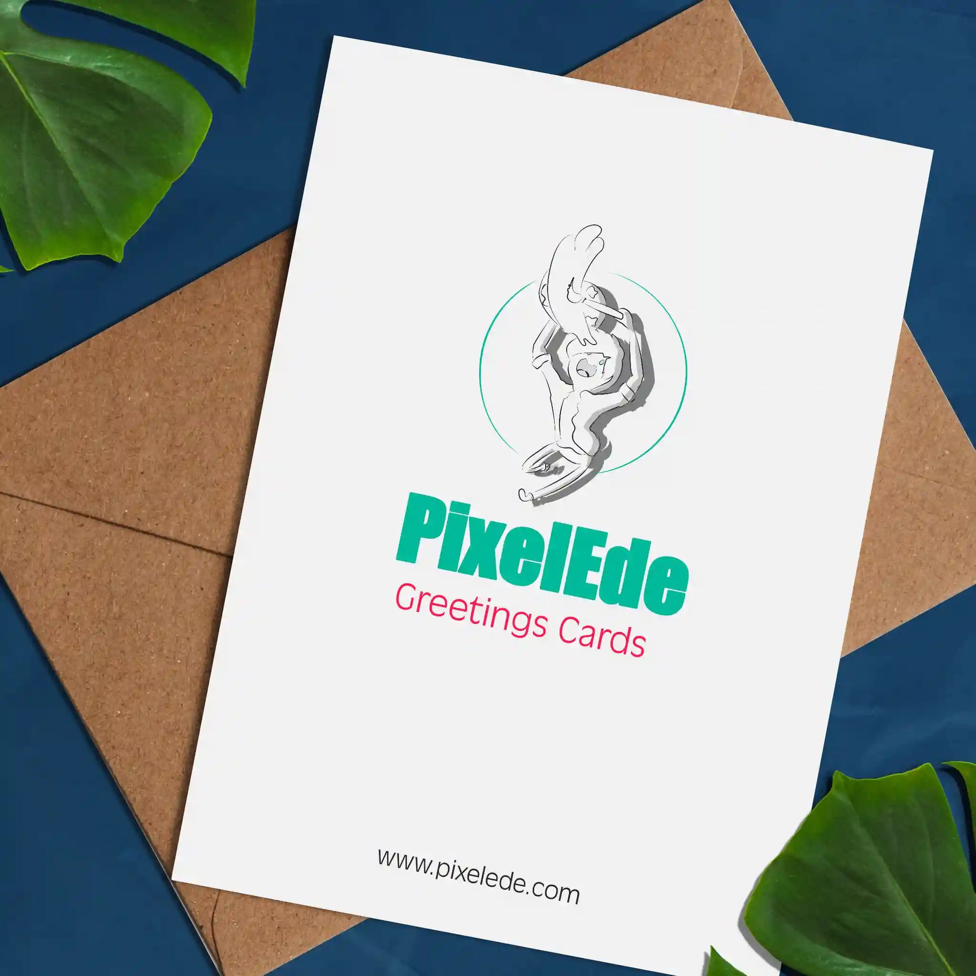 Back of greeting card showing PixelEde logo, greeting card text, and website www.pixelede.com on a white background.