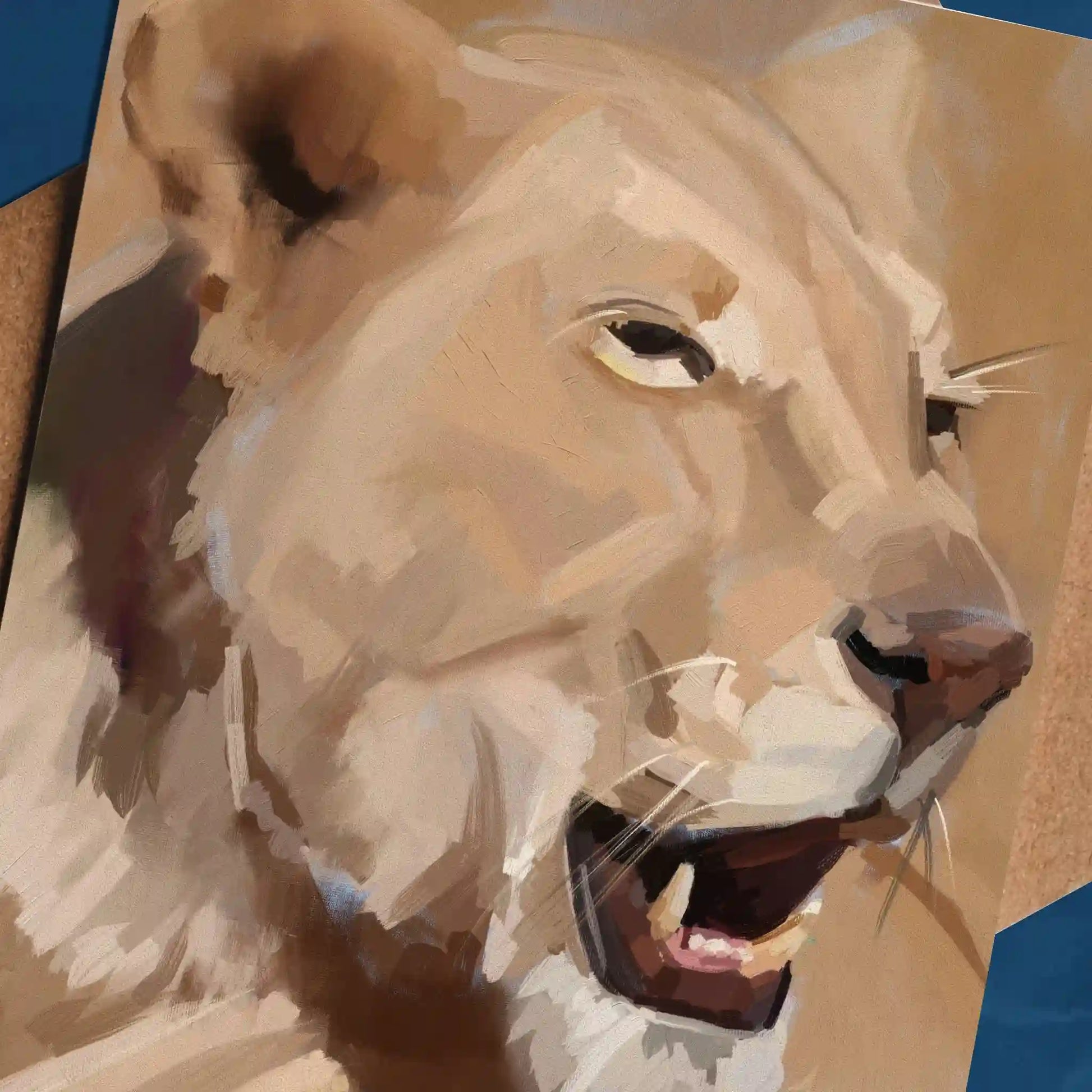 Handmade eco-friendly greeting card featuring a majestic lioness illustration. Closeup with detailed look at the brushstrokes and painterly style. 