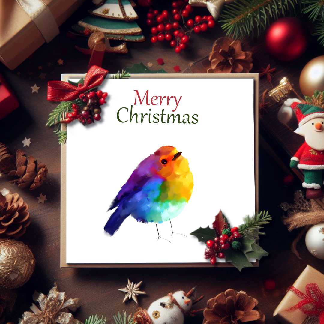Tie Dye Robin Merry Christmas Cards, Envelopes Included