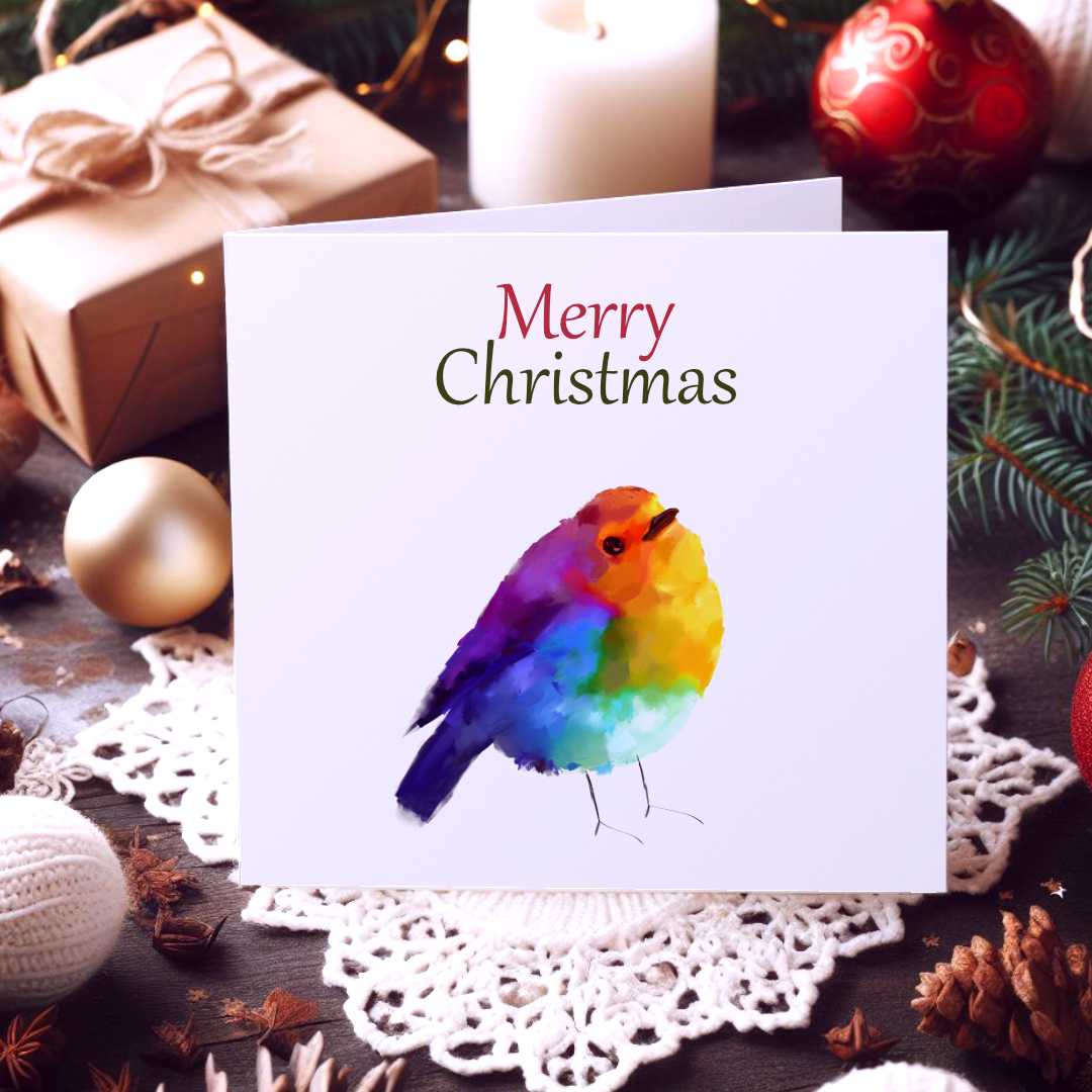 Tie Dye Robin Merry Christmas Cards, Envelopes Included