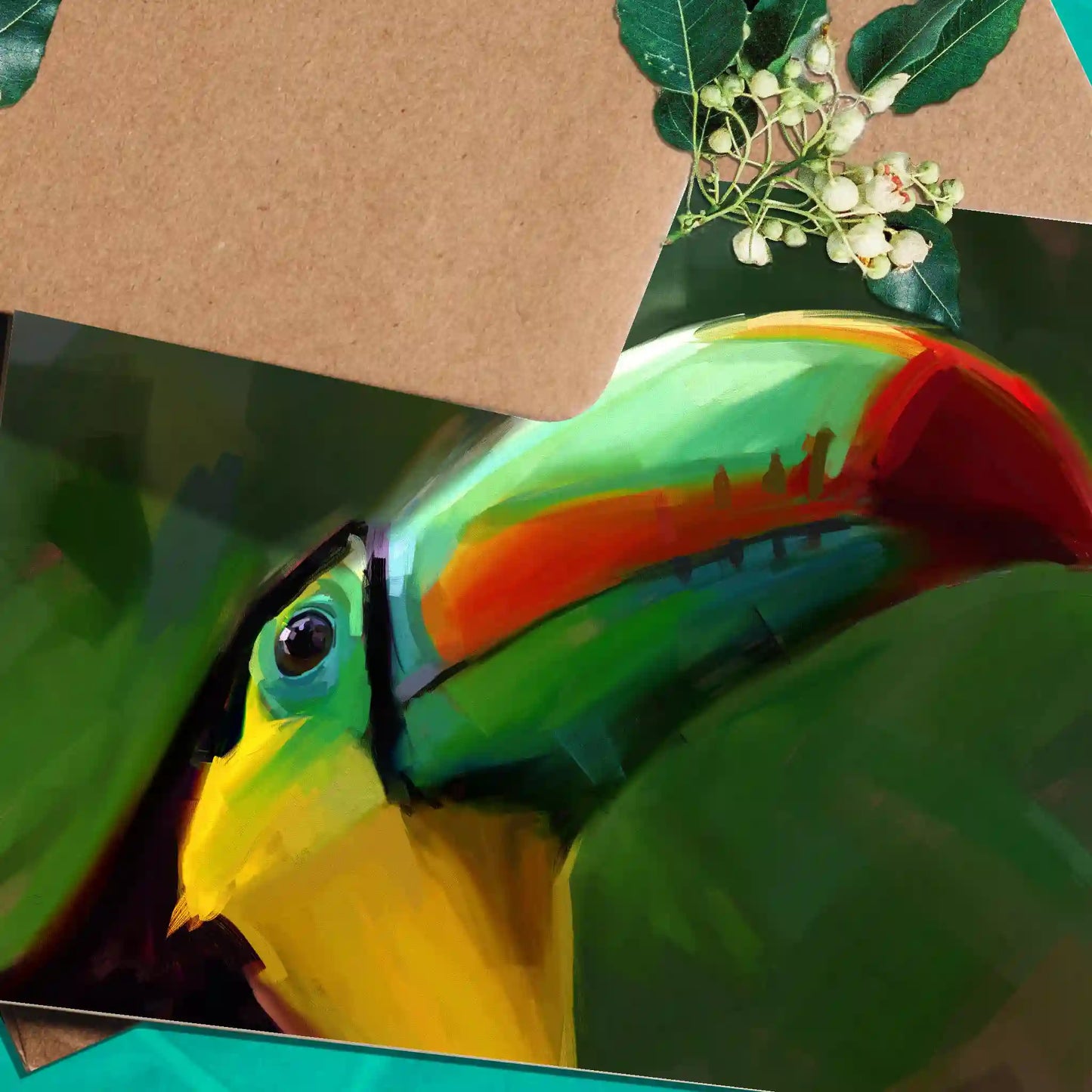 Handmade eco-friendly greetings card featuring a colourful illustrated toucan sitting under lush greenery. This close up provides a more detailed look at the painterly brushstrokes and colours. 
