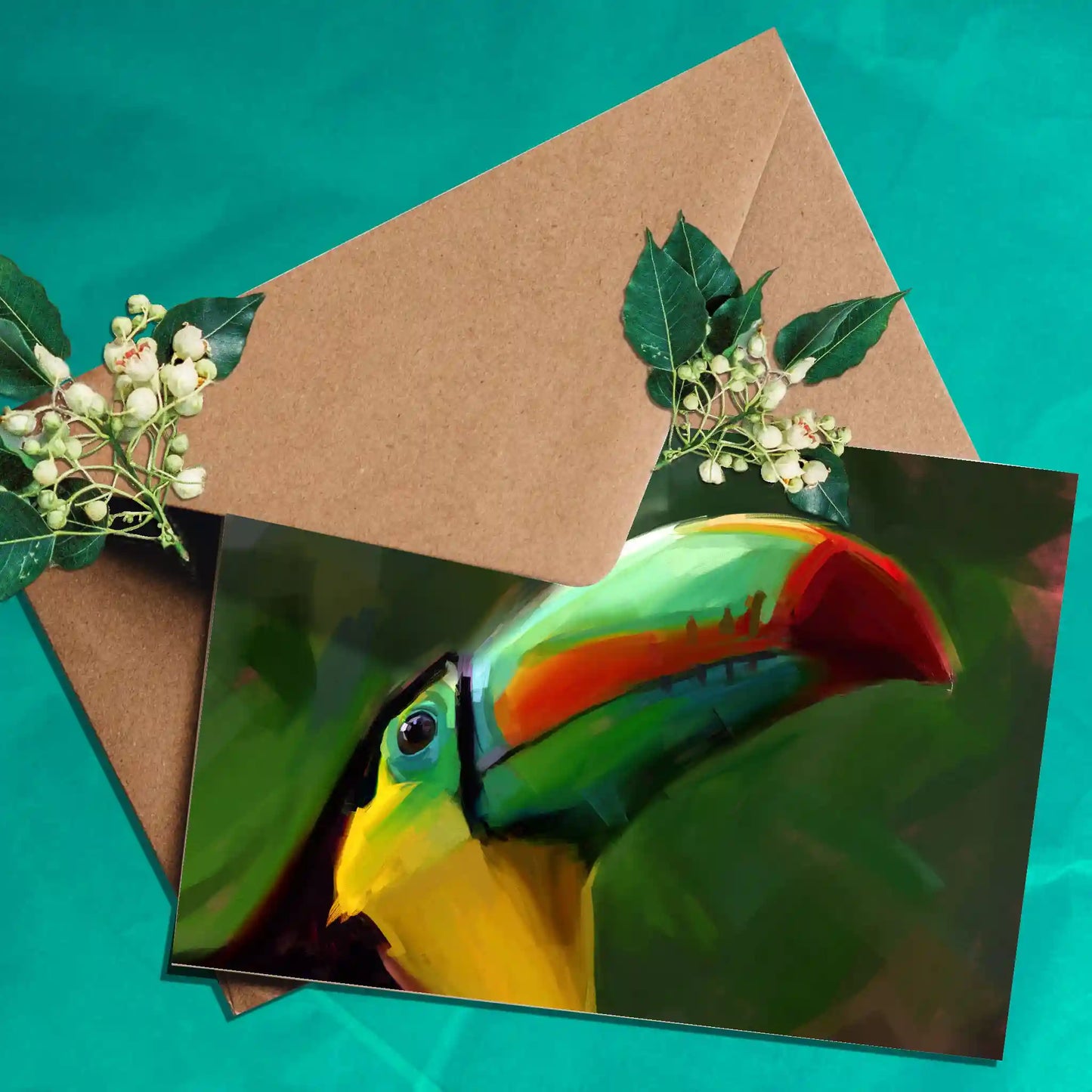 Handmade eco-friendly greetings card featuring a colourful illustrated toucan sitting under lush greenery. 