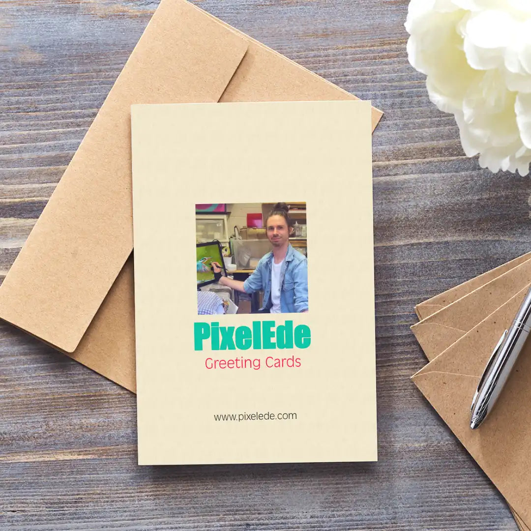 This images shows the back of the card with a small image of the artist and the artist website PixelEde.com