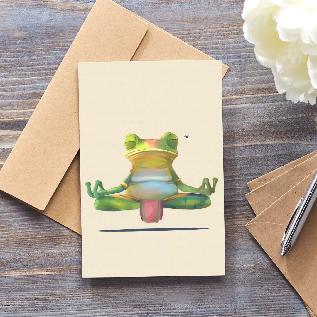Greeting card with an illustration of a meditating frog being bothered by a pesky fly. This card is sat on a wooden surface with envelopes and a pen near by.